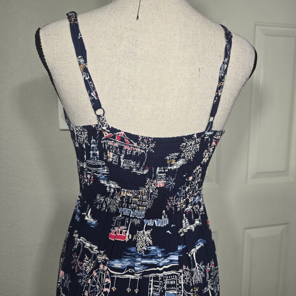 Old Navy Blue Scenic Print Midi Dress Sz S Strapy sleeves Tropical Resortwear - Picture 3 of 8